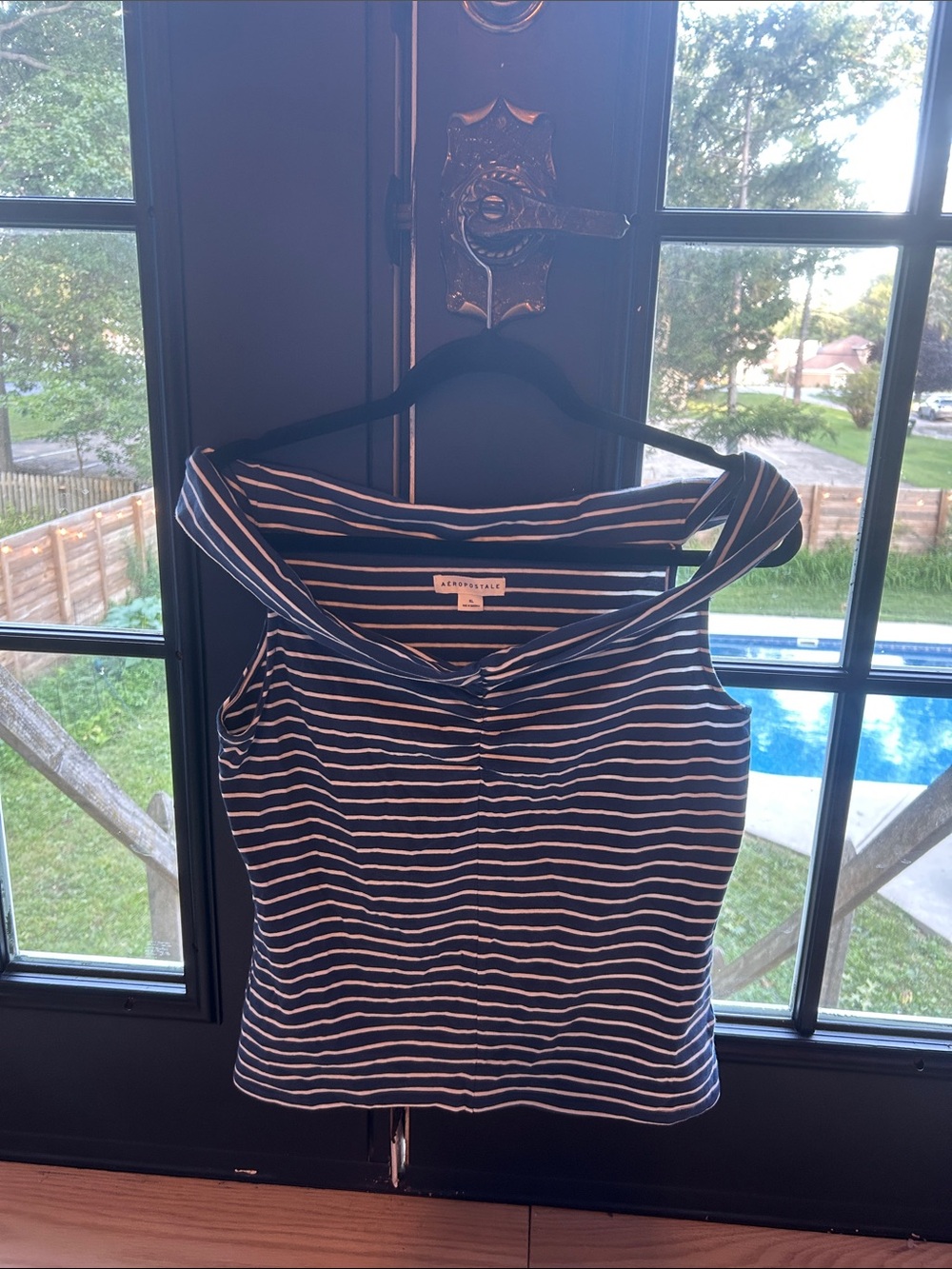 Aeropostale Navy and White Striped Off-Shoulder Top